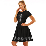 Women Moon 3d Print Round Neck Pleated Dress